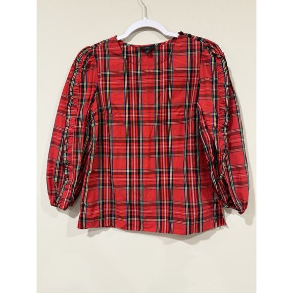 J. CREW Women Red Tartan Plaid Ruffled Puff Sleeves Steward Blouse XXS 2394 - Picture 3 of 9
